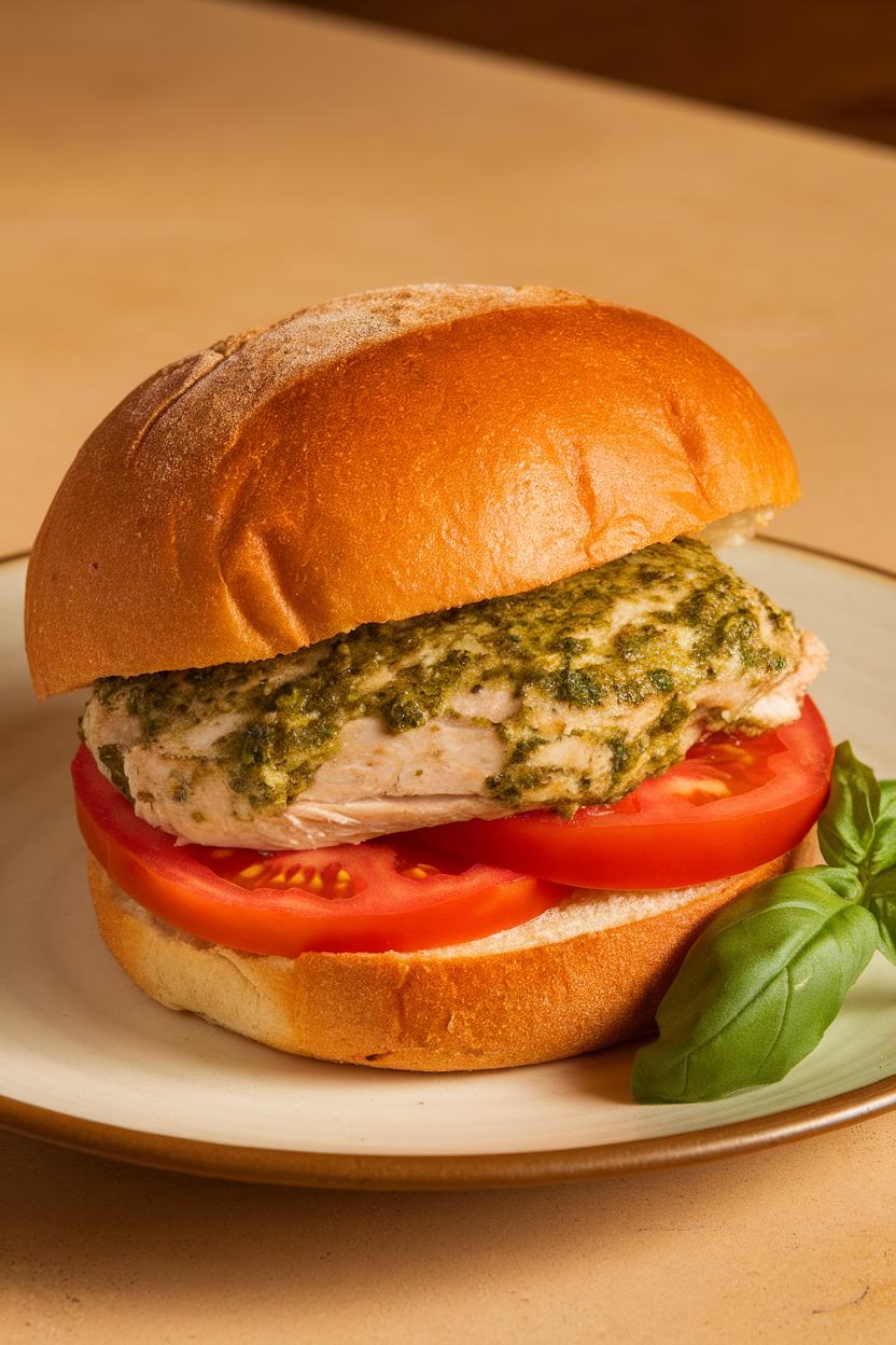 Photo of a chicken burger topped with bright green pesto and tomato slices, served on a whole-wheat bun indoors; no text or logos; photo, not illustration