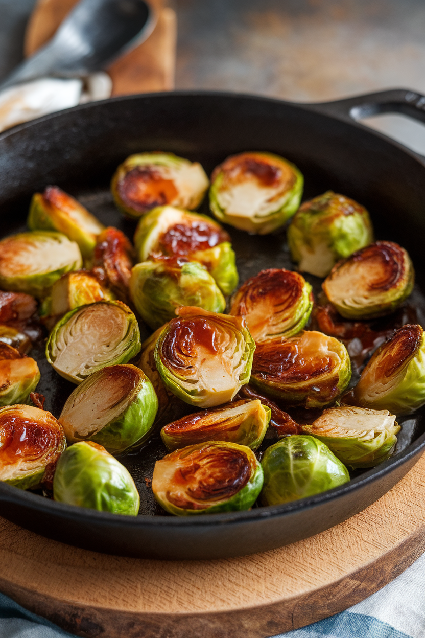 Indoor skillet of halved Brussels sprouts caramelized with maple syrup, three-quarter angle. No text or logos.