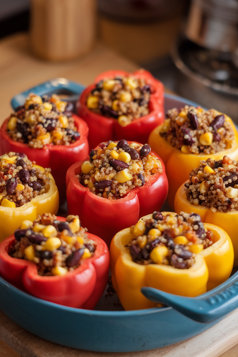 An indoor photo of red and yellow bell peppers filled with quinoa, black beans, corn, and spices in a baking dish. No text or logos.