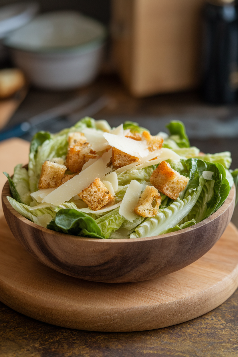 Indoor serving bowl of romaine leaves tossed in creamy Caesar dressing with shaved Parmesan and homemade croutons. No text or logos. Photo only.