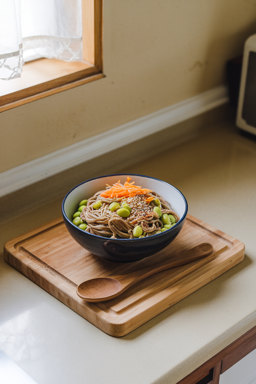 Indoor kitchen counter featuring a chilled bowl of buckwheat soba noodles mixed with shelled edamame, shredded carrots, and sesame seeds. No logos or text; photo.