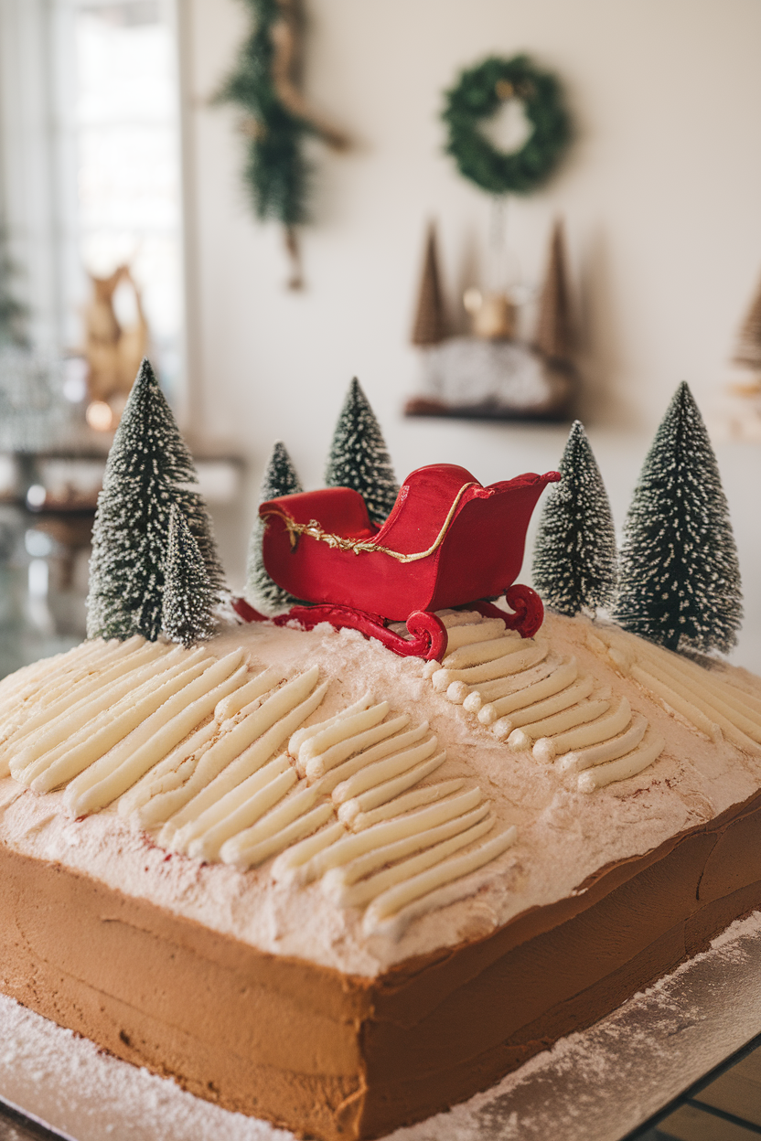 Large rectangular cake indoors featuring buttercream hills, a red fondant sleigh, and tiny model trees dusted with powdered sugar snow. Photo realism, no branding.