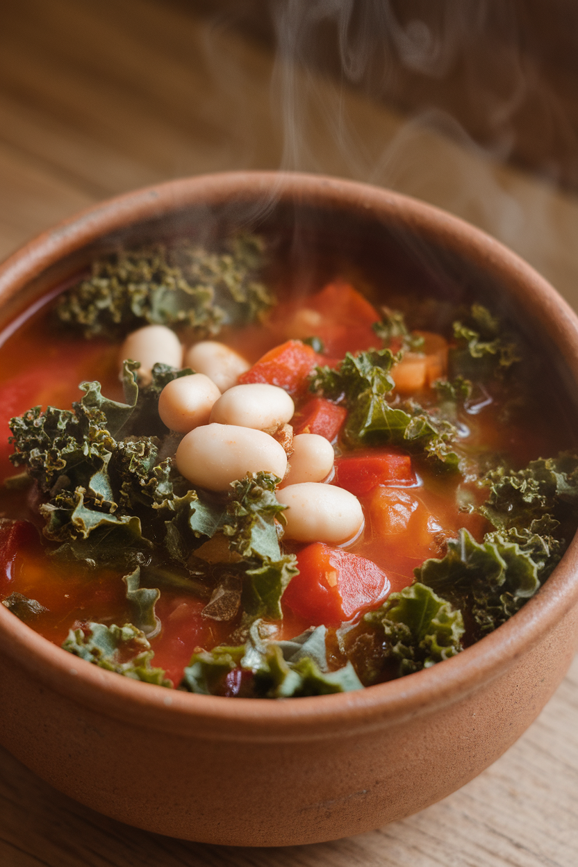 Indoor photo of a chunky vegetable soup featuring kale, white beans, and tomatoes in an earthenware bowl; steam visible, no text or logos