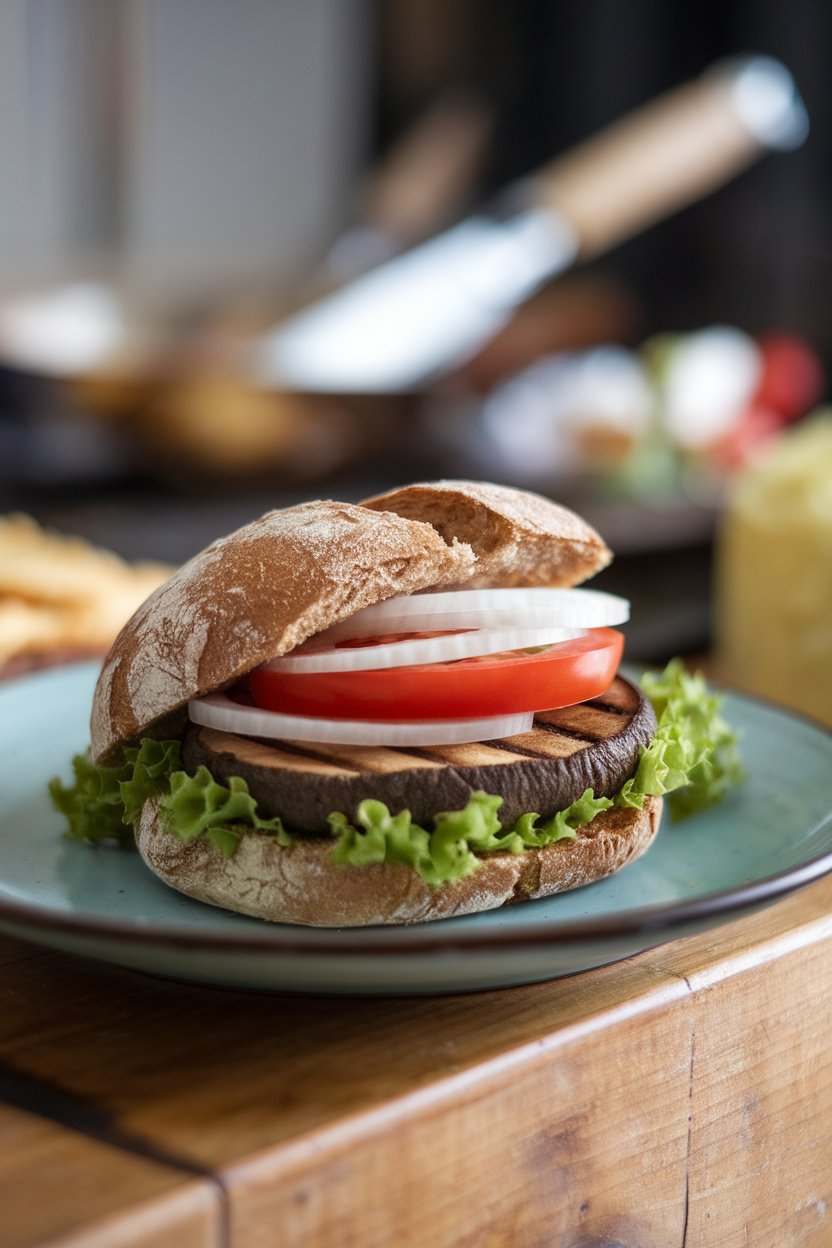 An indoor plate featuring a grilled portobello cap inside a whole-grain bun with lettuce, tomato, and onion. No visible text or logos.
