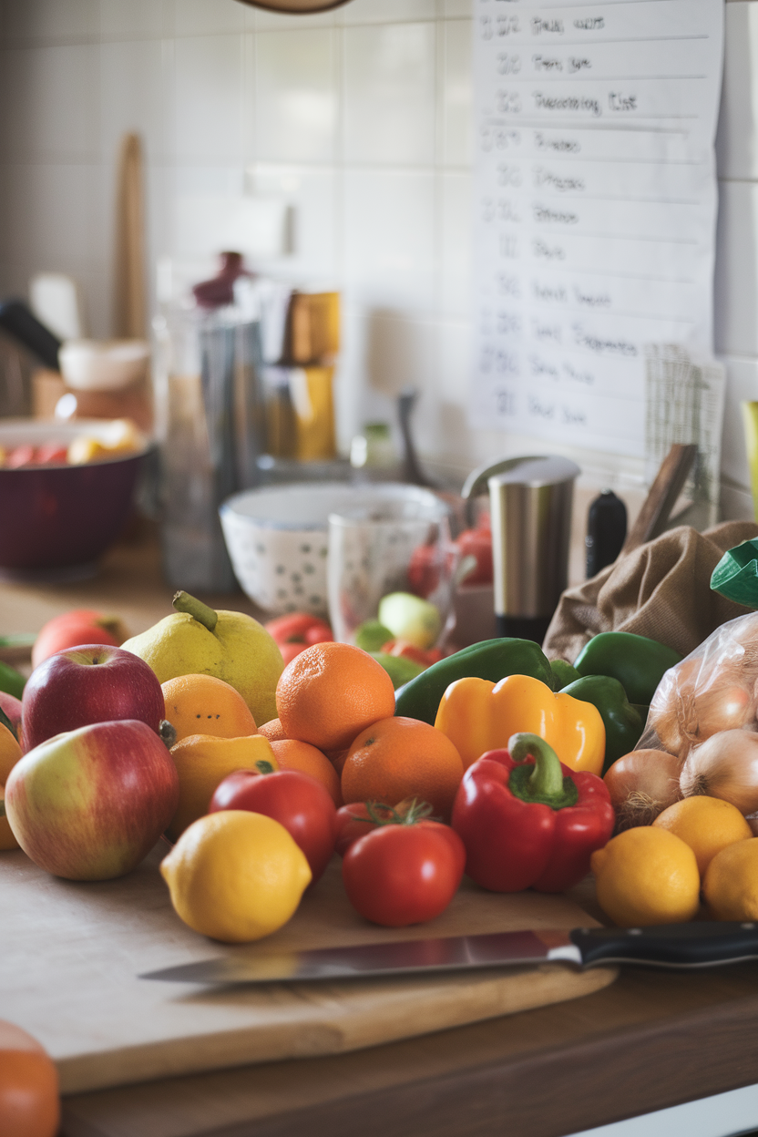 Indoor kitchen counter with handwritten grocery list (blurred), fresh produce around—photo.
