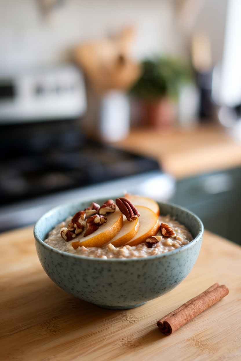Indoor photo of a bowl of steel-cut oats topped with caramelized pear slices and chopped pecans, cinnamon sprinkled on top. No text or logos.
