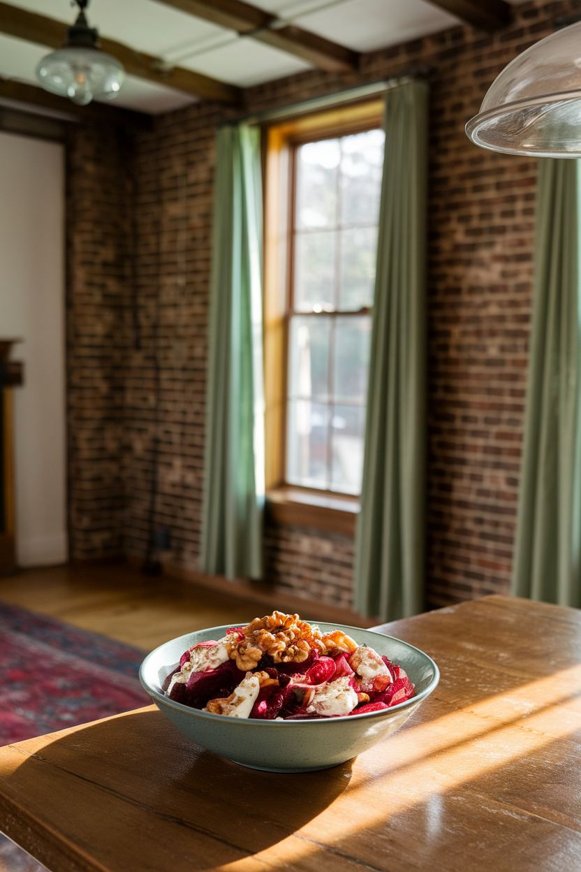 Indoor dining room with a bowl of vibrant beet and goat-cheese salad on a wooden table, gentle sunlight, no text or logos. Photo.