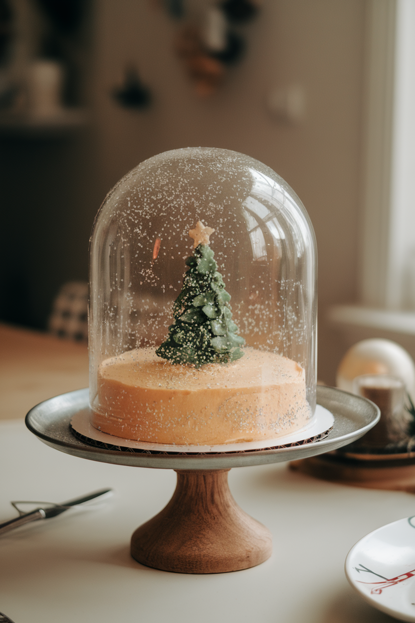 A small round cake resting under a clear isomalt dome filled with edible glitter “snow” and a tiny fondant Christmas tree, all on a cake stand in a softly lit dining room. No logos, photo realism.