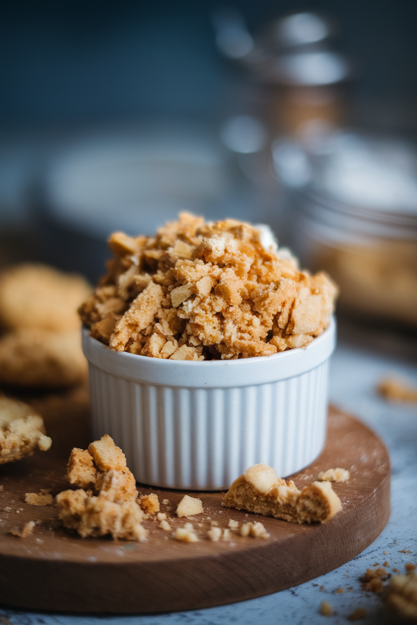 Indoor photo showing crumbled brown-butter sugar cookies in a ramekin, no text or logos
