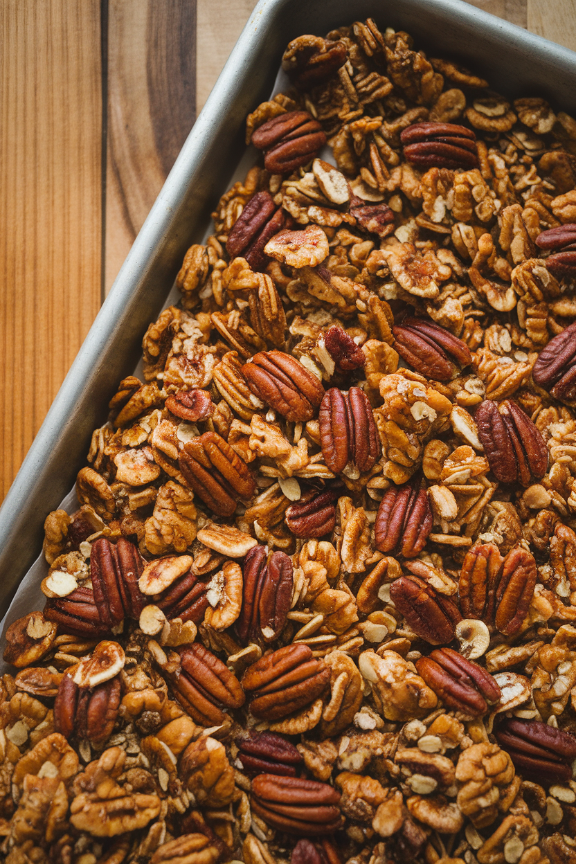 A sheet pan indoors with clusters of pecan pie granola, maple syrup sheen visible. No text or logos. Photo, not illustration.