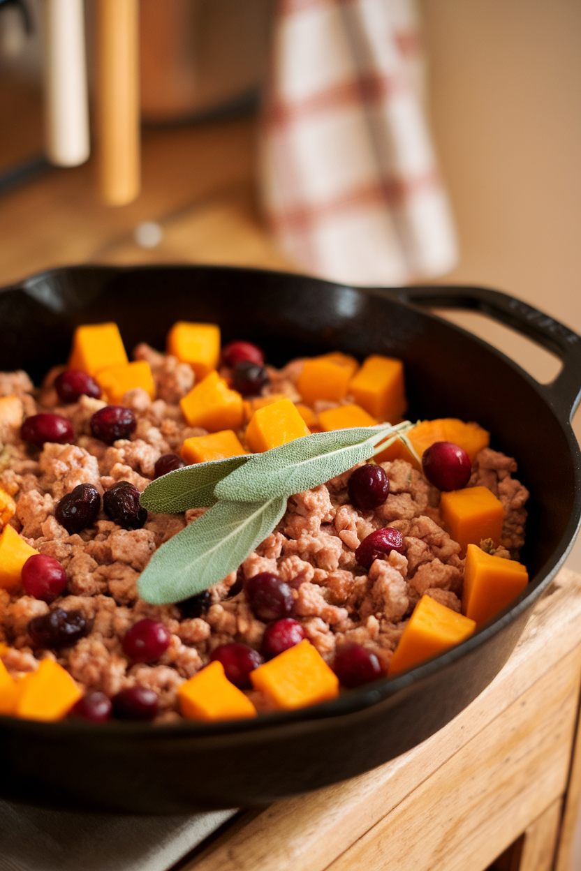 Indoor photo of a cast-iron skillet containing ground turkey, cubed butternut squash, cranberries, and sage, no text or logos.