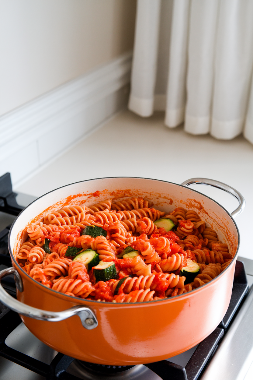 Indoor stovetop scene with a saucy pot of whole-grain rotini coated in bright red marinara dotted with chopped zucchini and bell peppers. No text or logos.
