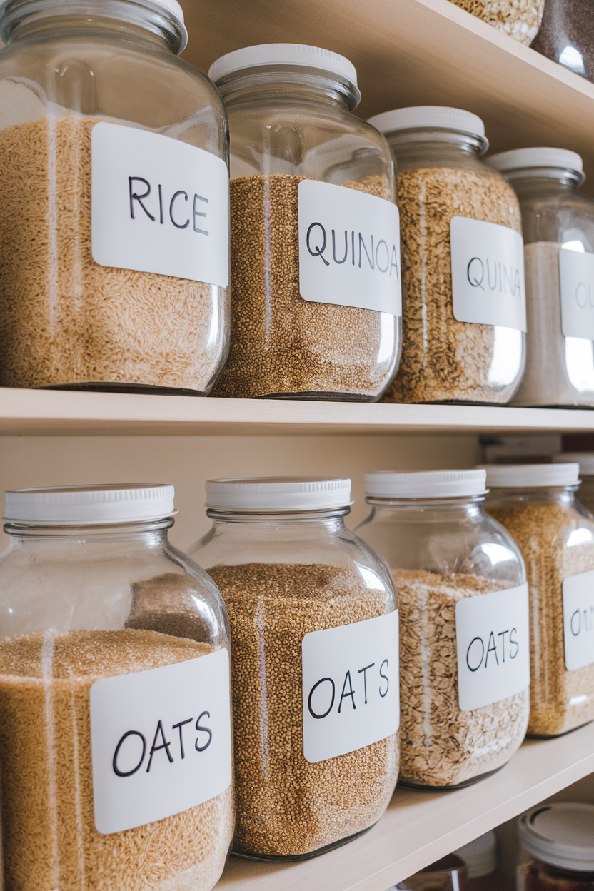 Large glass jars of brown rice, quinoa, and oats neatly labeled on a pantry shelf, indoor photo, no text or logos
