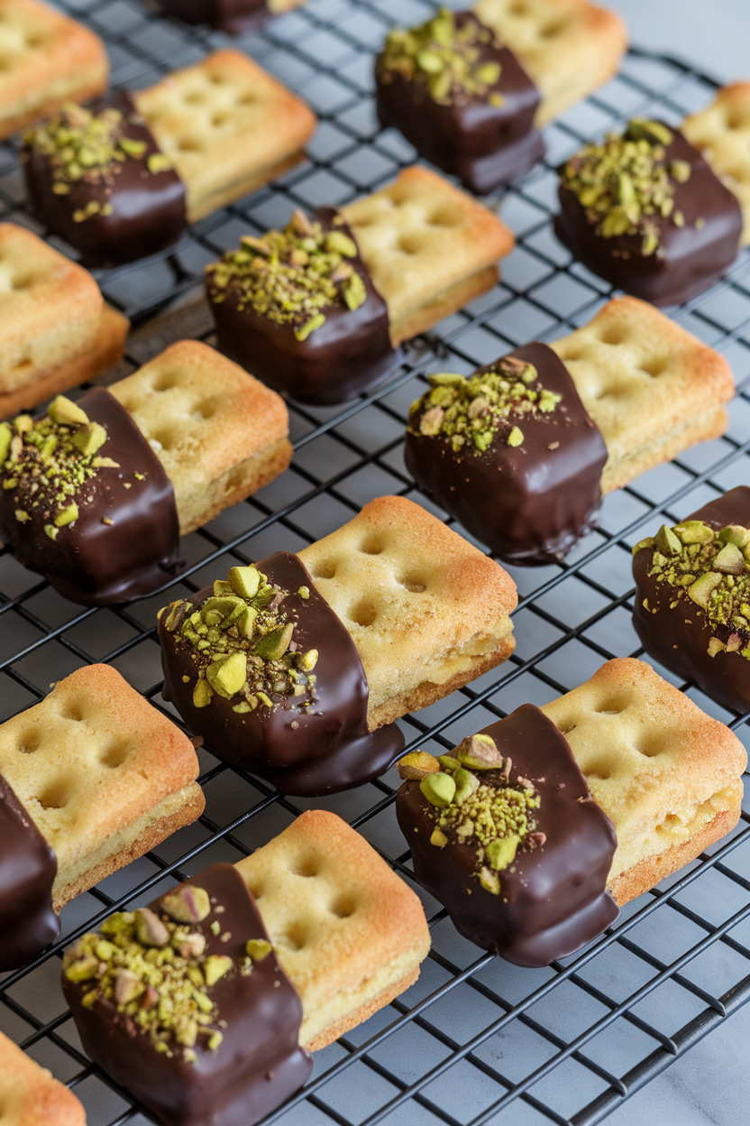 Close-up of buttery shortbread fingers half-dipped in glossy dark chocolate, sprinkled with crushed pistachios, all arranged on a cooling rack indoors. No visible text or logos.
