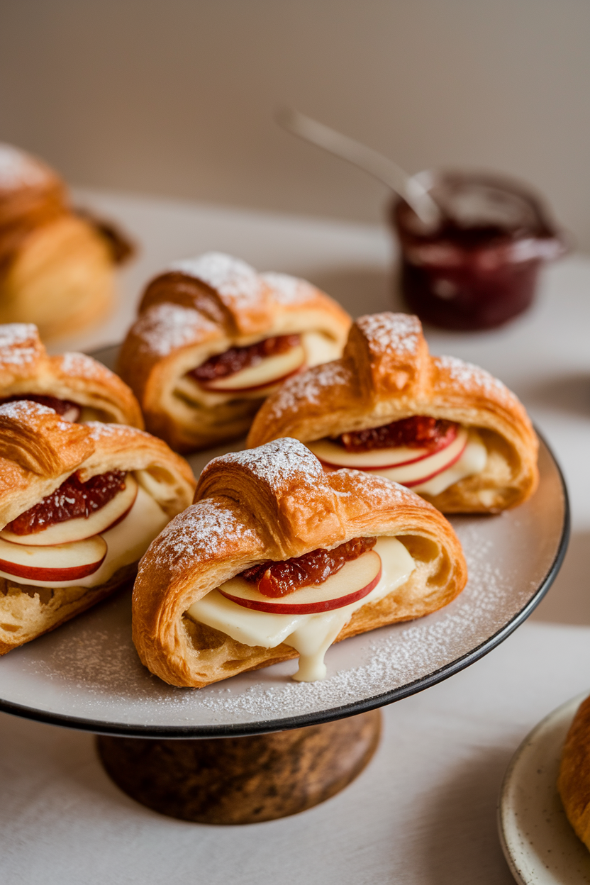 Photo of an indoor platter with halved croissants filled with melted brie, fig jam, and thin apple slices, light dusting of powdered sugar on the plate. No text or logos visible.