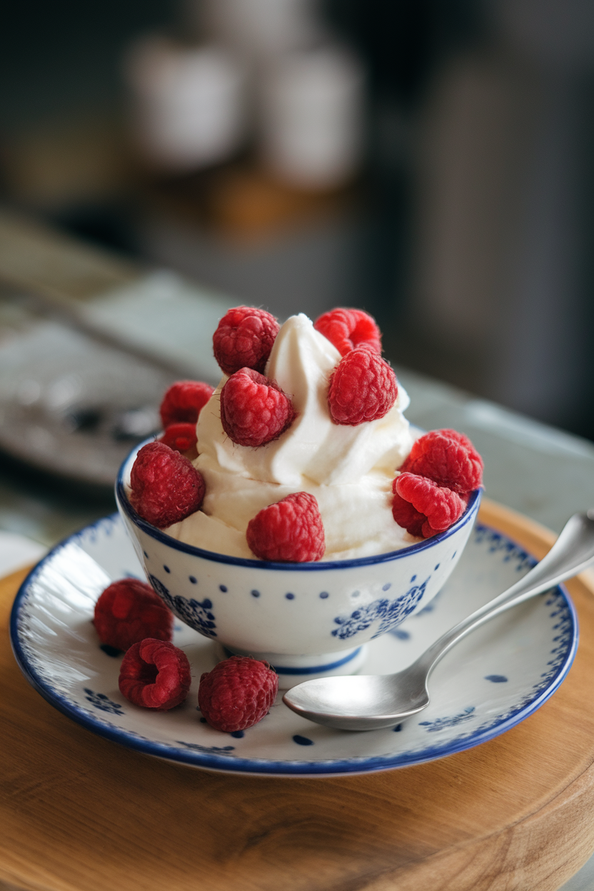 Indoor photo of a bowl of creamy frozen yogurt topped with fresh raspberries on a dessert plate, no text or logos