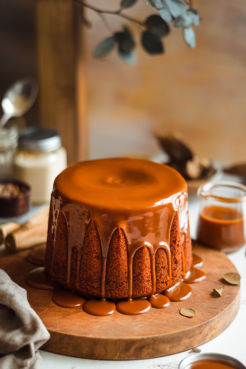 Warm indoor scene of a tall date-rich cake drenched in glossy toffee sauce, a small pitcher of extra sauce beside it. No brand marks, photo only.