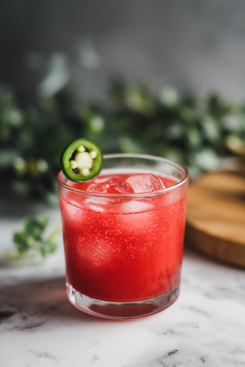 Indoor photo of a rocks glass containing bright red watermelon mocktail, tiny jalapeño slice floating, ice cubes sparkling; no text or logos.