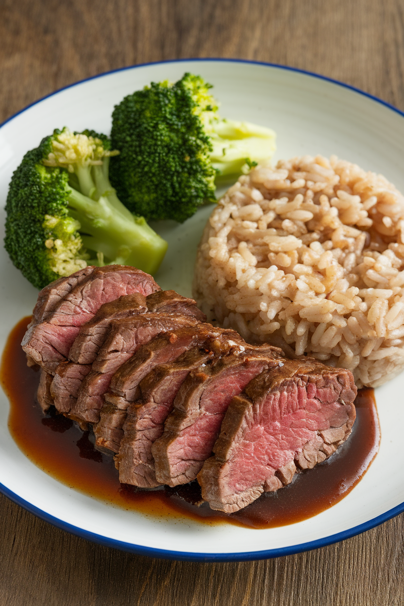 Indoor plate of sliced lean beef in glossy brown sauce beside steamed brown rice and broccoli crowns. No text or logos; photo.