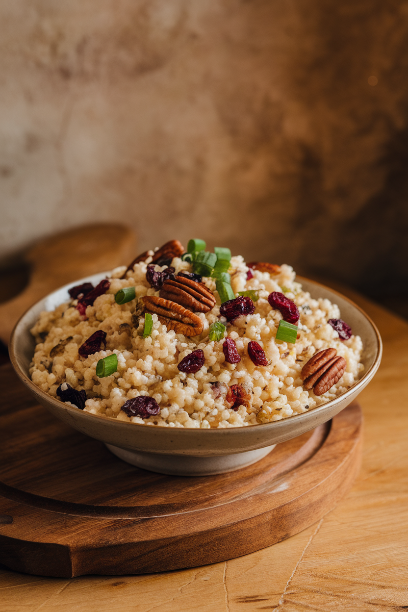 A shallow serving bowl indoors displaying fluffy couscous speckled with dried cranberries, toasted pecans, and green onions. No text or logos. Photo.