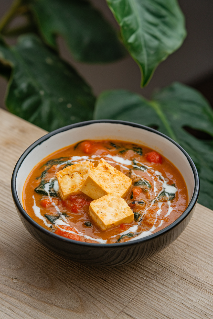 Photo prompt: An indoor bowl of silky spinach-tomato gravy studded with tofu cubes, slight drizzle of coconut cream. No text or logos.