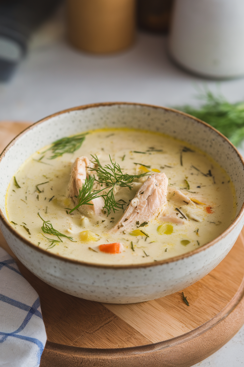 Photo of a bowl of creamy Greek lemon chicken soup garnished with fresh dill indoors, no text or logos