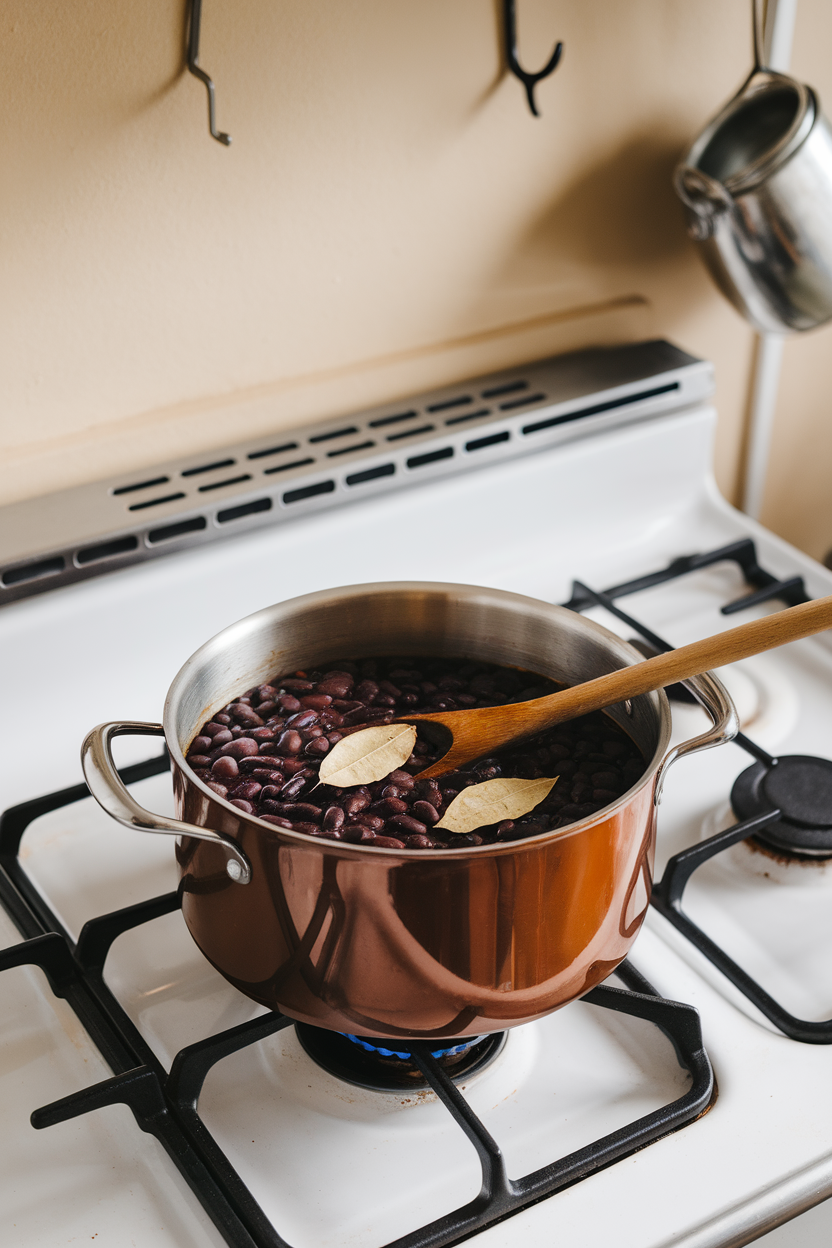 Photo of an indoor stovetop with a pot of simmering black beans and aromatic bay leaves floating on top. No text or logos.
