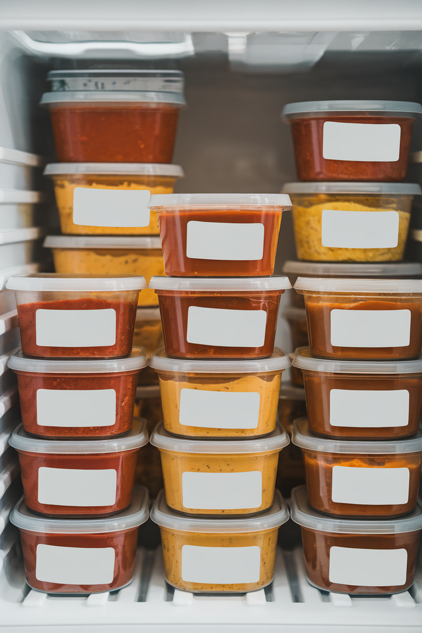Photo prompt: An indoor freezer drawer neatly stacked with labeled, clear containers of single-serve chili and soups, labels turned away or blank.