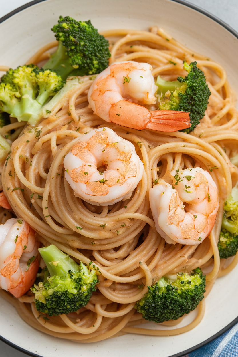 An indoor photo of whole-wheat spaghetti tossed with shrimp, broccoli florets, and a light lemon garlic sauce on a dinner plate. No text or logos.