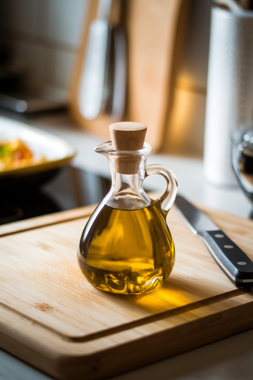 An indoor kitchen counter with a small glass cruet of golden extra-virgin olive oil catching soft light, no text or logos.