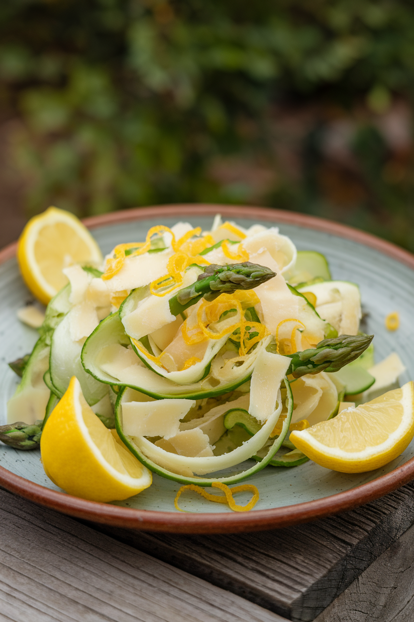 Indoor photo of raw shaved asparagus ribbons tossed with Parmesan curls and lemon zest on a ceramic plate; side lighting, no text or logos