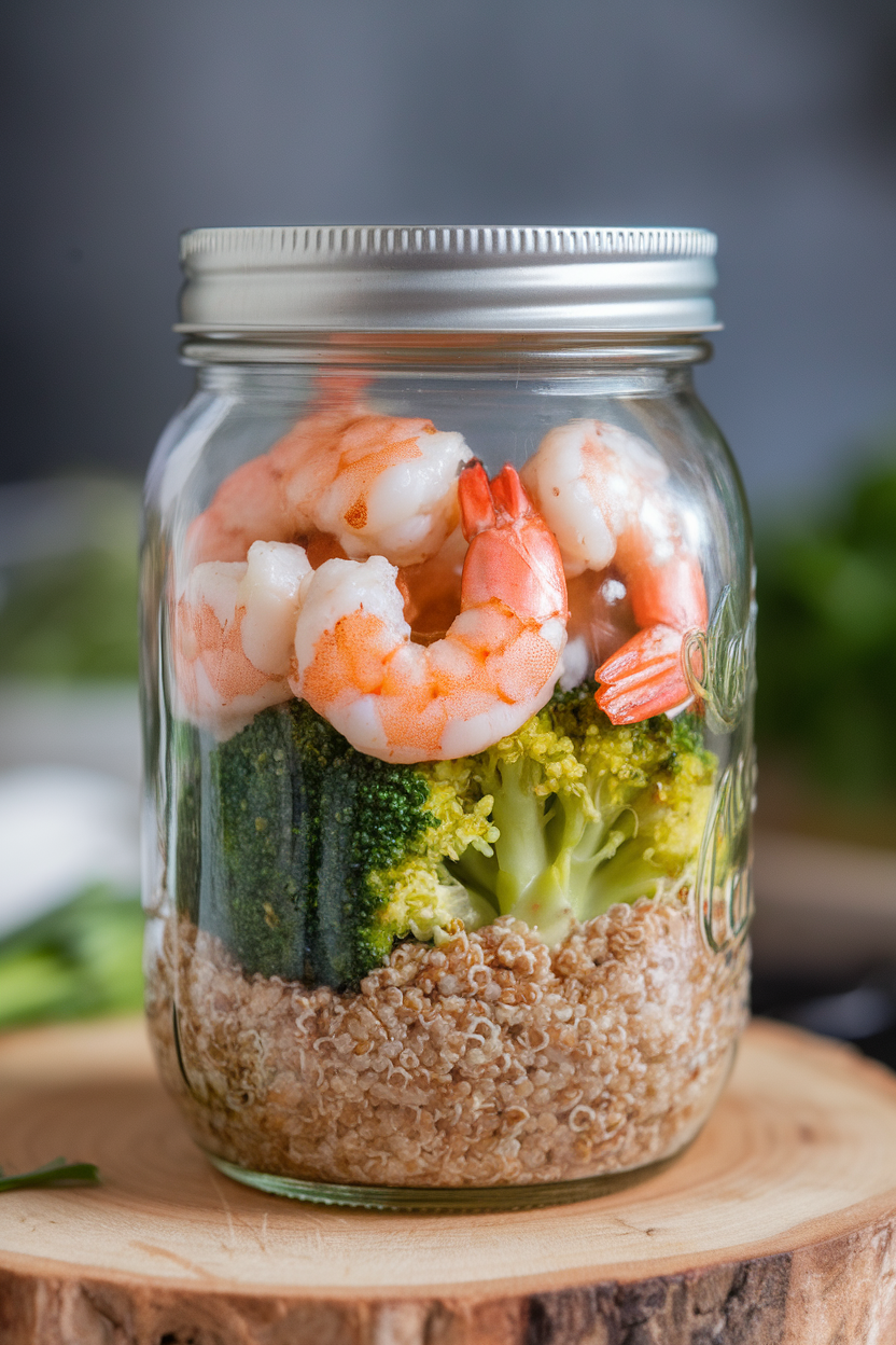 Indoor mason jar photo layered with cooked quinoa, steamed broccoli, and glazed cooked shrimp in honey-garlic sauce; side light, no text or logos.