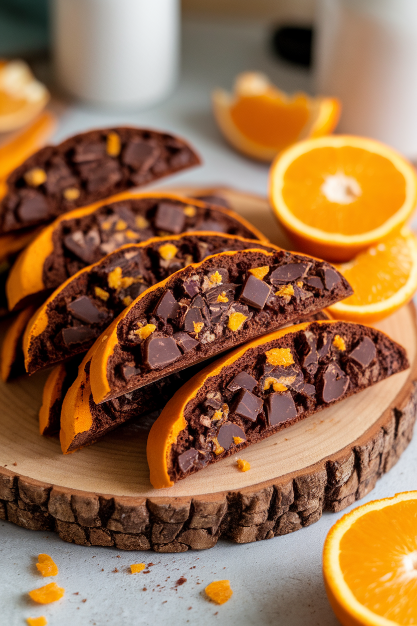 Indoor board with chocolate biscotti slices containing orange zest and dark chocolate chunks, ends dipped in orange-tinted glaze. Photo, no text or logos.