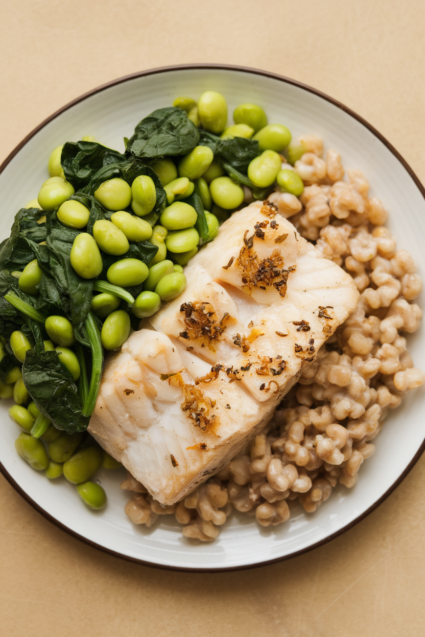 Indoor photo of soy ginger baked cod, barley, and a steamed mix of edamame and spinach on a plate. No text or logos.