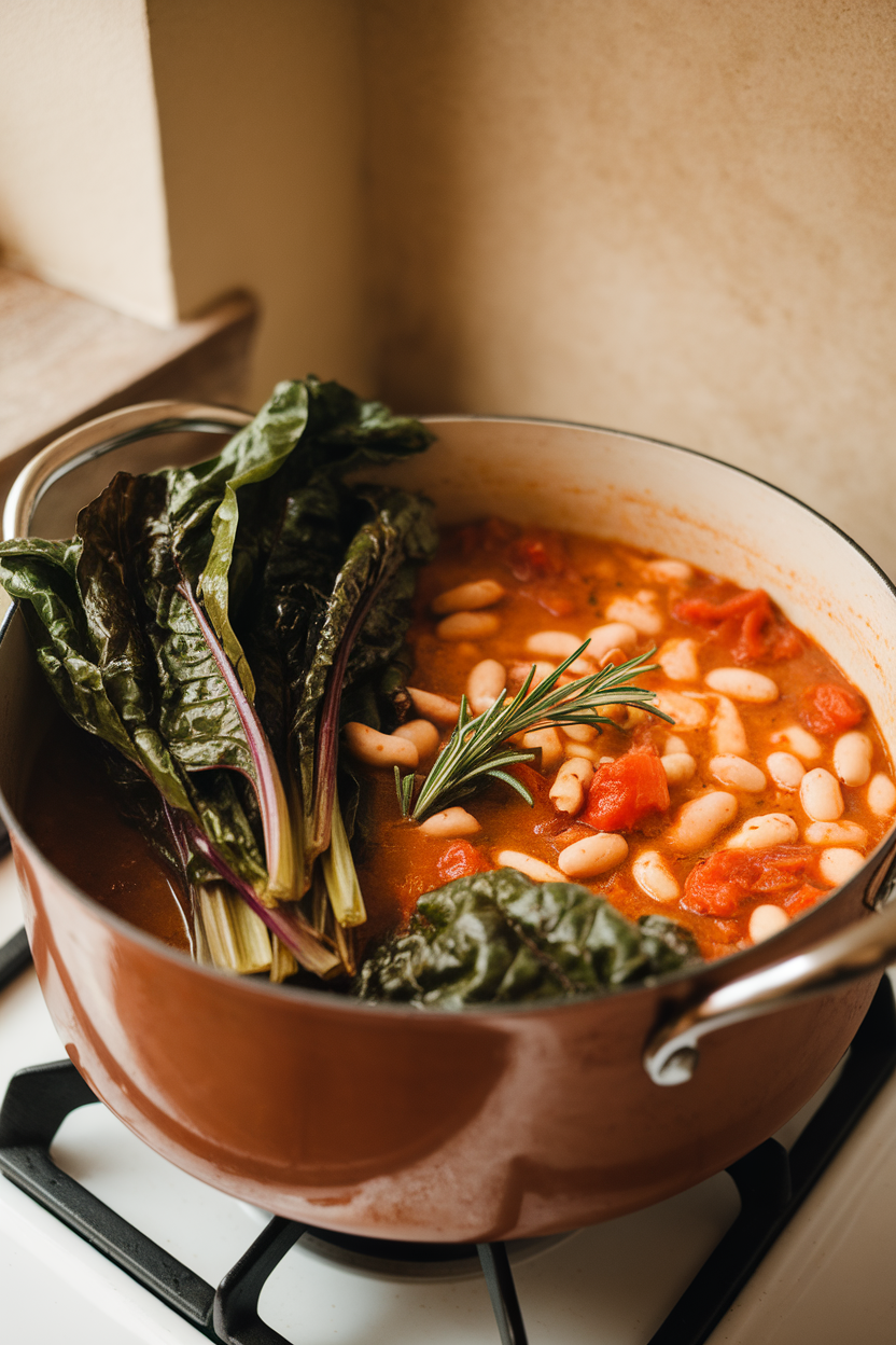 An indoor stovetop scene with a pot of hearty stew containing wilted green chard, creamy white beans, diced tomatoes, and rosemary. No text or logos. Photo.