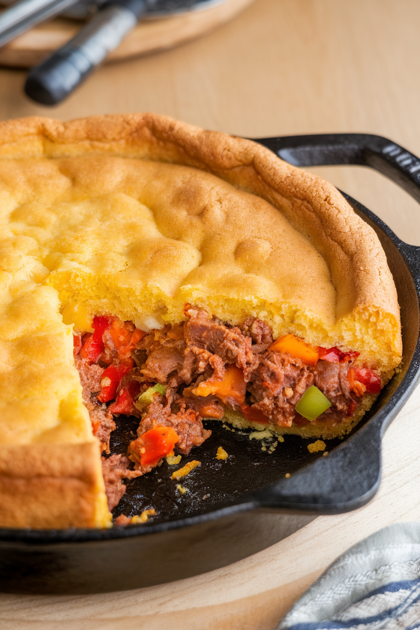 An indoor casserole pan showing a slice taken out of breakfast tamale pie with cornbread topping and colorful veggie filling. No text or logos. Photo, not illustration.