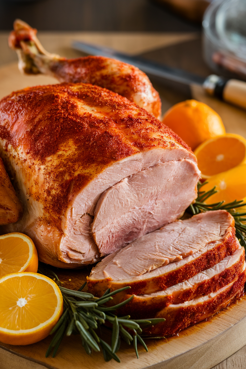 A carving board indoors with sliced turkey tenderloin coated in smoky paprika rub, juices glistening. No text or logos. Photo only.