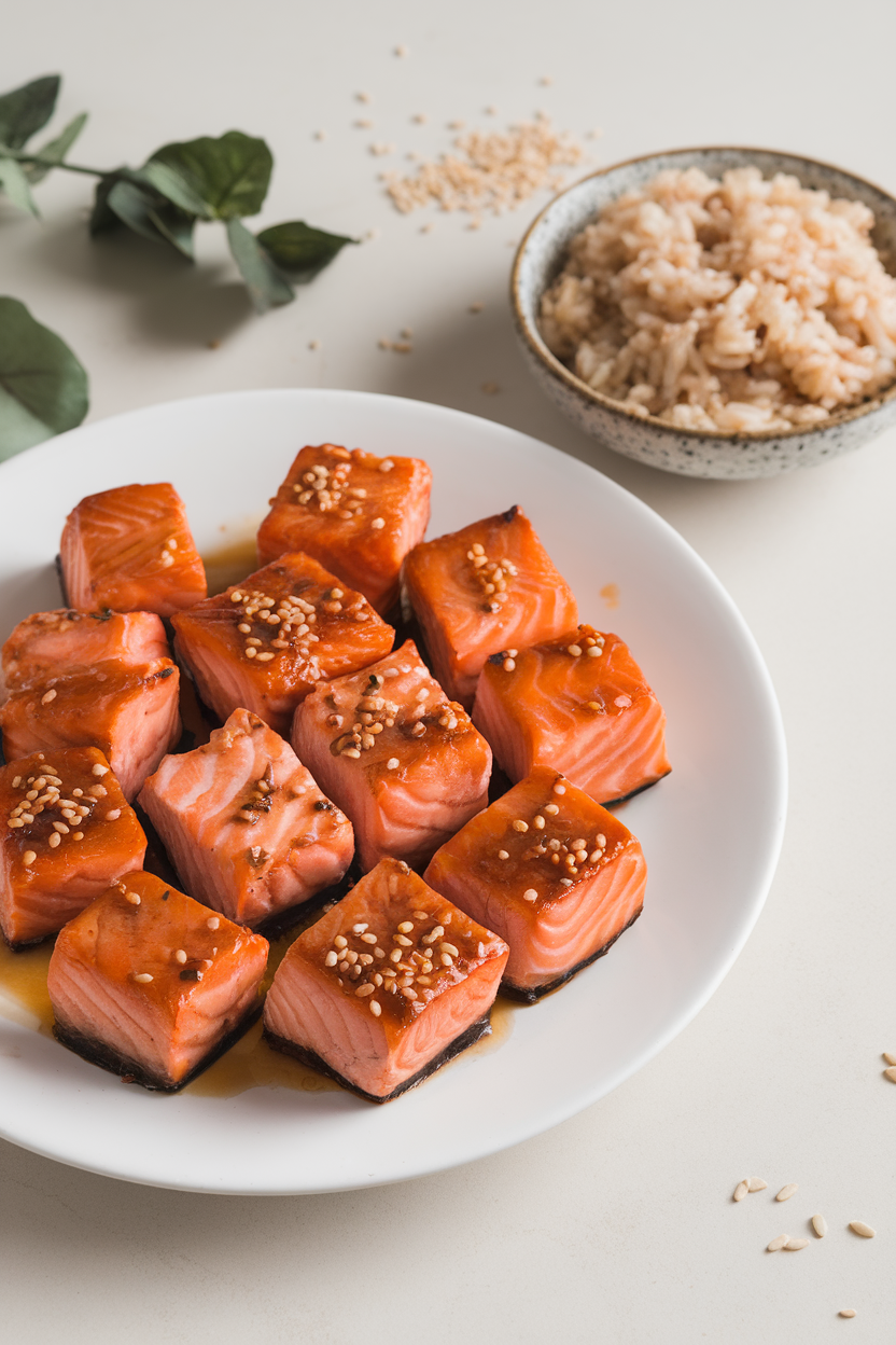 Indoor white plate with glazed, bite-sized cooked salmon pieces sprinkled with sesame seeds, a small bowl of brown rice nearby. No text or logos.