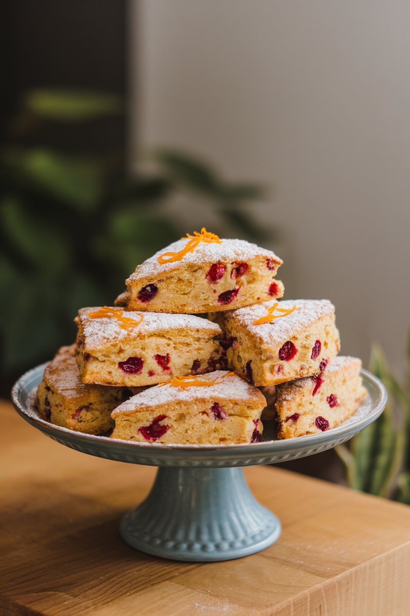 An indoor cake stand stacked with small triangular cranberry-orange scones, orange zest visible, no logos.