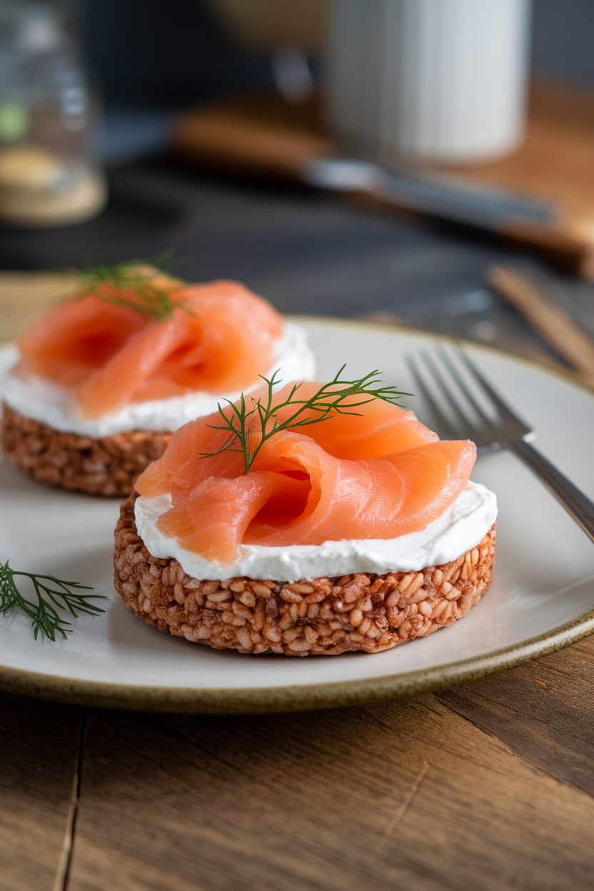 An indoor countertop scene with two brown rice cakes spread with light cream cheese, layered with smoked salmon slices and dill sprigs. No text or logos.