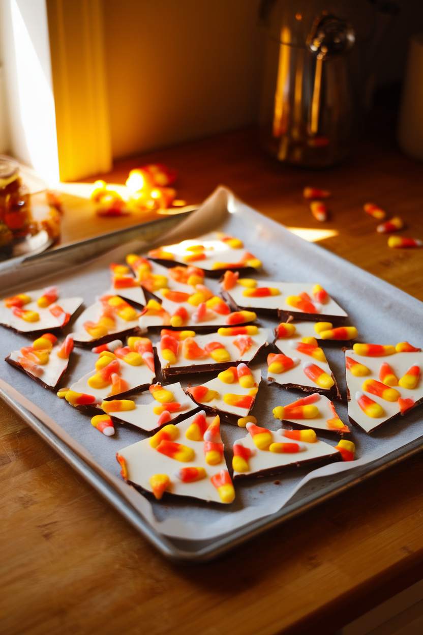 A warmly lit indoor kitchen counter featuring a baking sheet of white-chocolate candy corn bark, shards broken apart and studded with orange, yellow, and white candy corn pieces. Photo only, no text or logos.