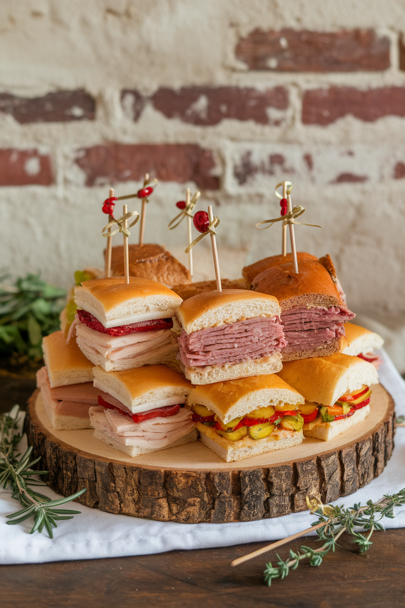 Indoor photo of a board stacked with assorted mini sandwiches—turkey cranberry, roast beef horseradish, and veggie hummus—each secured with holiday toothpicks; no logos