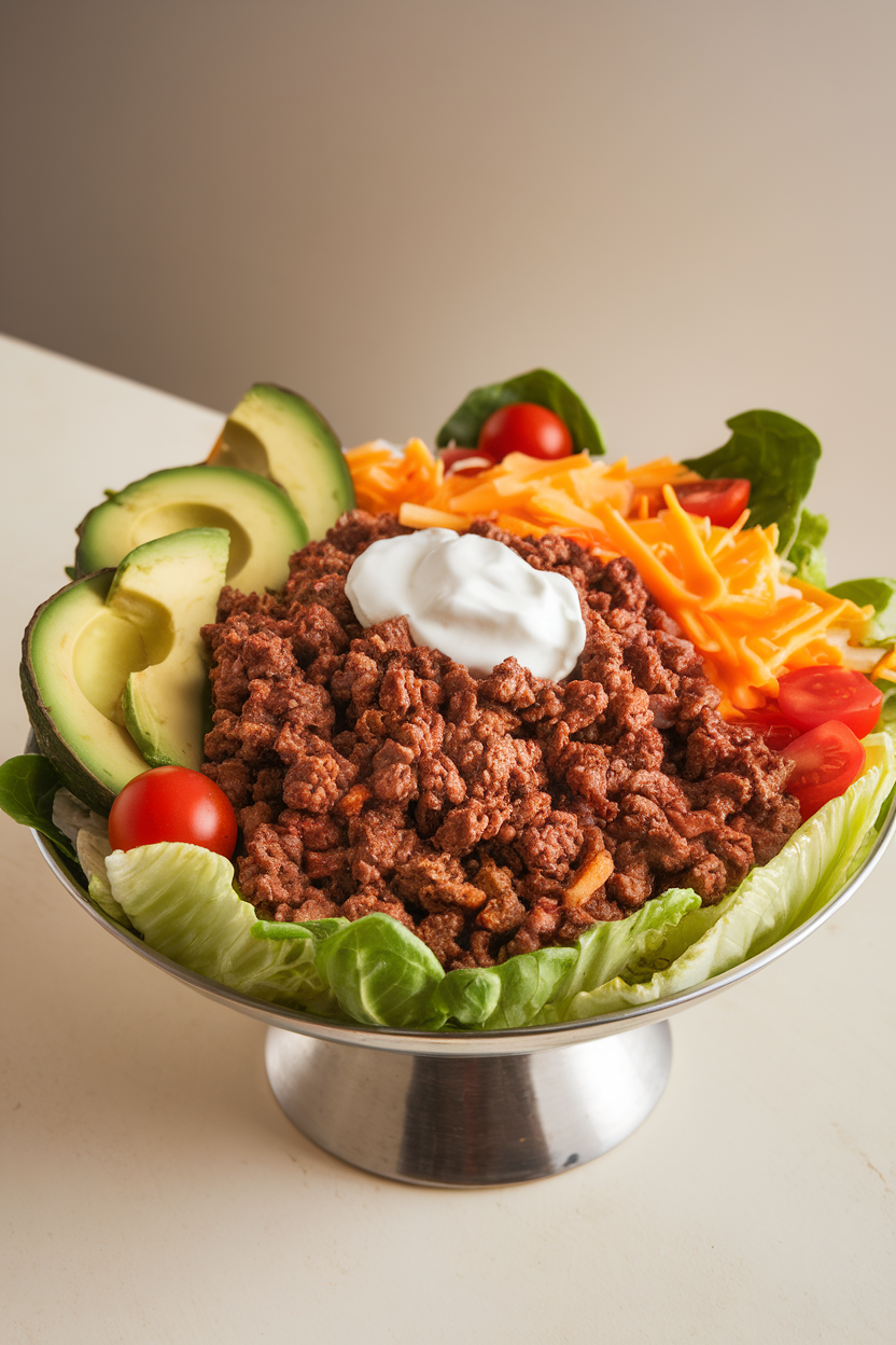 An indoor serving bowl filled with ground beef seasoned with taco spices atop crisp romaine, avocado slices, cherry tomatoes, shredded cheese, and a dollop of sour cream. No text or logos. Photo, not illustration.