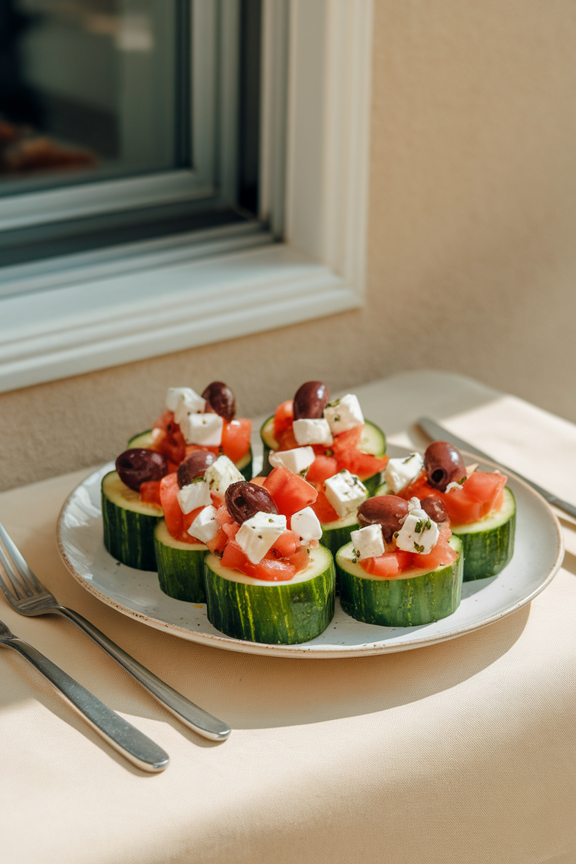 Photo of an indoor table setting with hollowed cucumber rounds filled with diced tomato, feta, and olives, colorful and fresh under kitchen lighting; no text or logos.