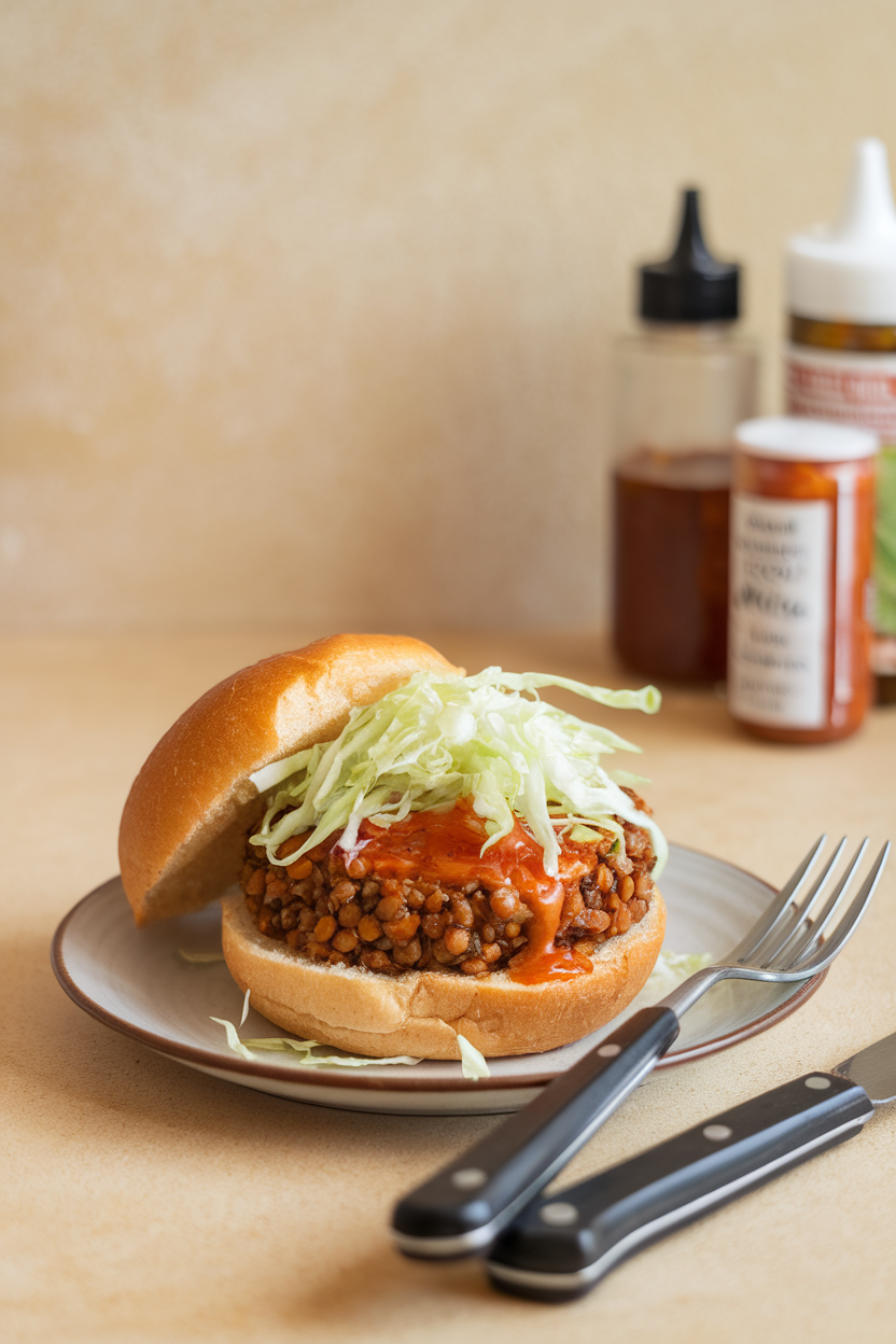 Photo of a lentil burger drizzled with sriracha, topped with shredded cabbage on a small bun indoors; no text or logos; photo, not illustration