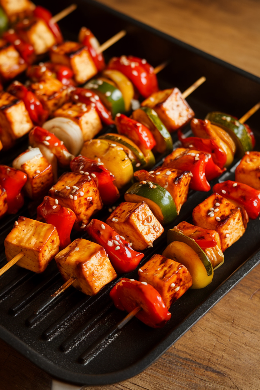 Indoor grill-pan shot of skewered tofu cubes and mixed vegetables glazed with sweet chili sauce, sesame seeds sprinkled. No text or logos; photo.