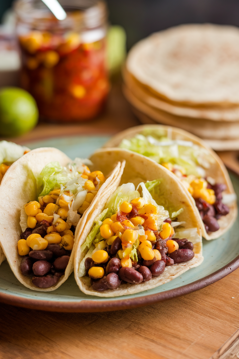 A photo shot indoors of three assembled tacos on a ceramic plate, filled with seasoned black beans, bright corn salsa, and shredded lettuce. No text or logos.