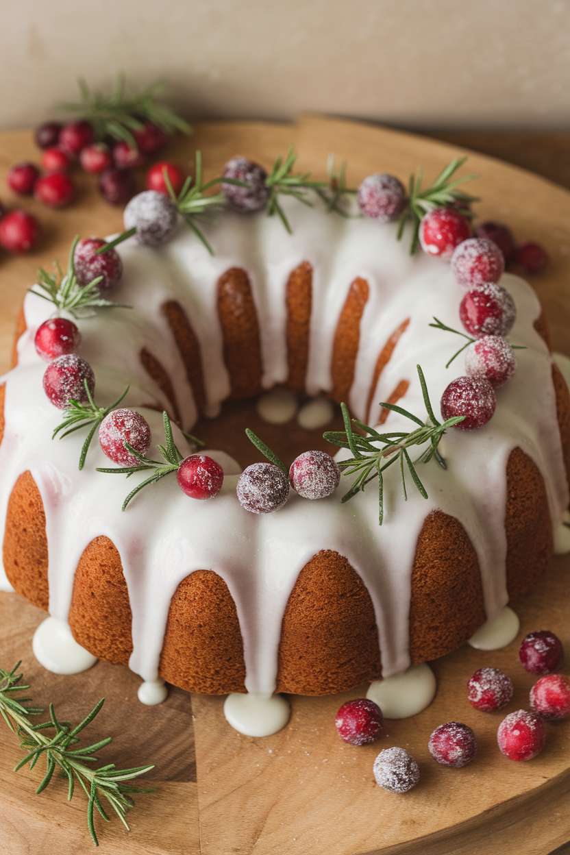 Indoor tabletop with a ring-shaped bundt cake glazed in white icing and studded with whole cranberries and sprigs of sugared rosemary forming a wreath. No branding, photo only.