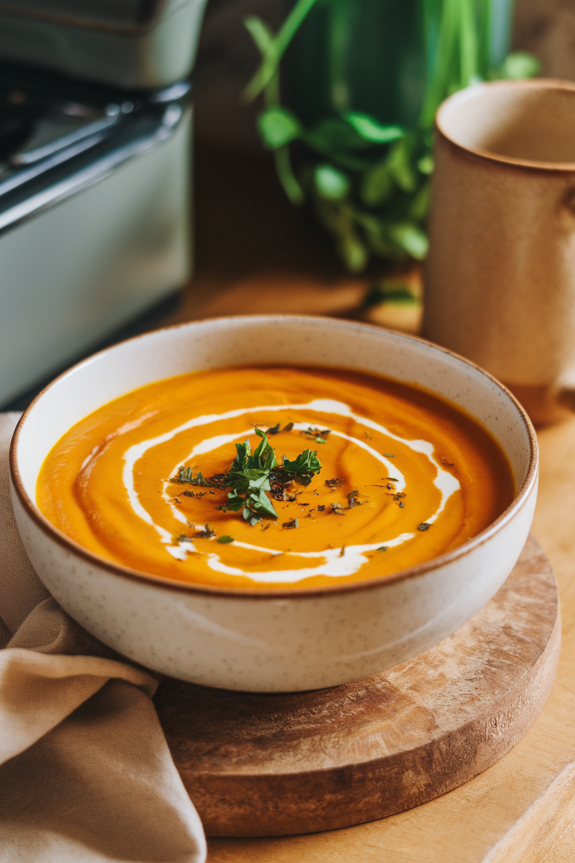 Indoor photo of pumpkin soup served in a white bowl with a drizzle of cream and parsley, no text or logos.