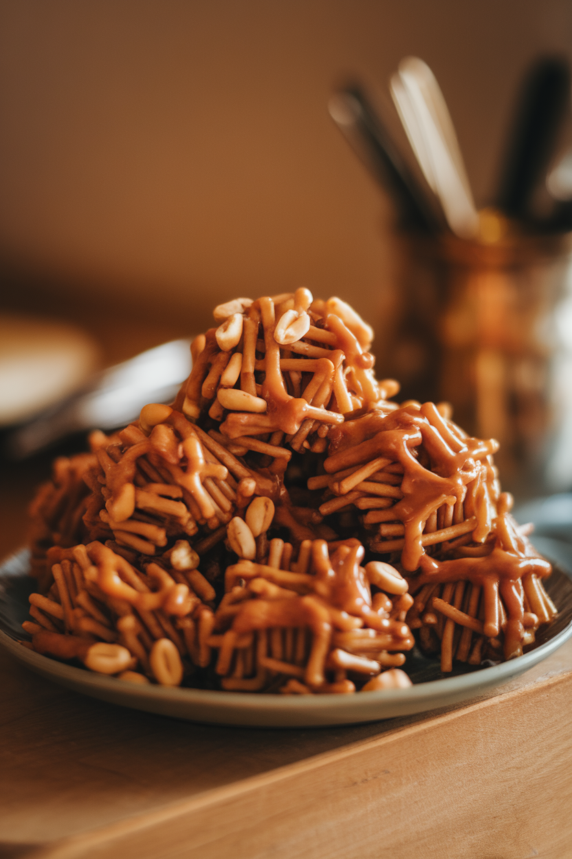 Indoor plate piled with butterscotch haystack clusters made from chow mein noodles and peanuts; no logos. Photo, not illustration.